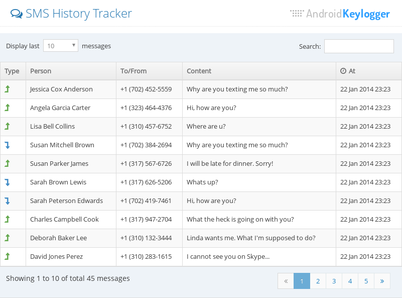 Tracking sms messages with the Sms Tracker feature of Android Keylogger
