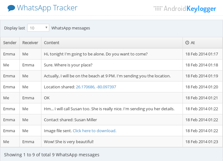 Tracking WhatsApp Messages with WhatsApp Spy feature of Android Keylogger