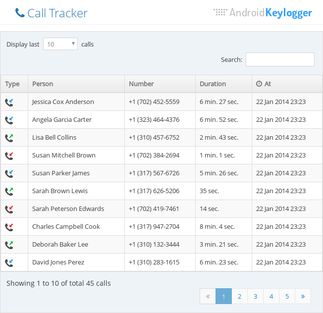 Tracking phone calls with the Call History Tracker of Android Keylogger